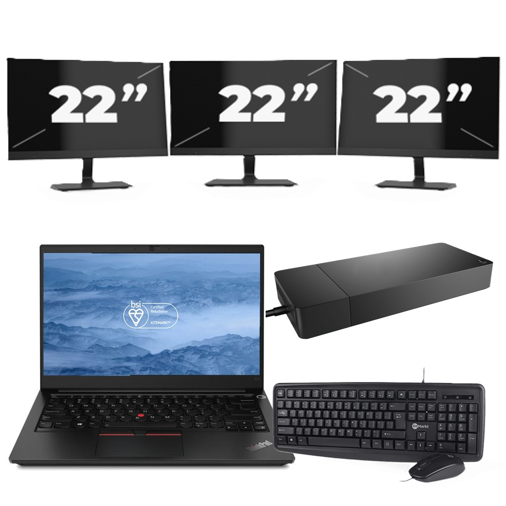 Lenovo ThinkPad E14 - Intel Core i3-10e Generatie - 14 inch - 8GB RAM - 256GB SSD - Windows 11 + 3x 22 inch Monitor
