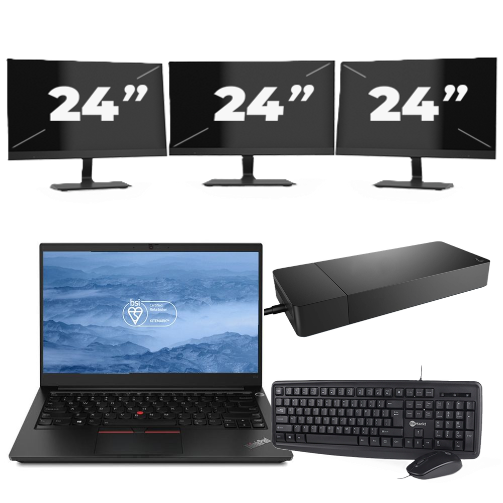 Lenovo ThinkPad E14 - Intel Core i3-10e Generatie - 14 inch - 8GB RAM - 256GB SSD - Windows 11 + 3x 24 inch Monitor