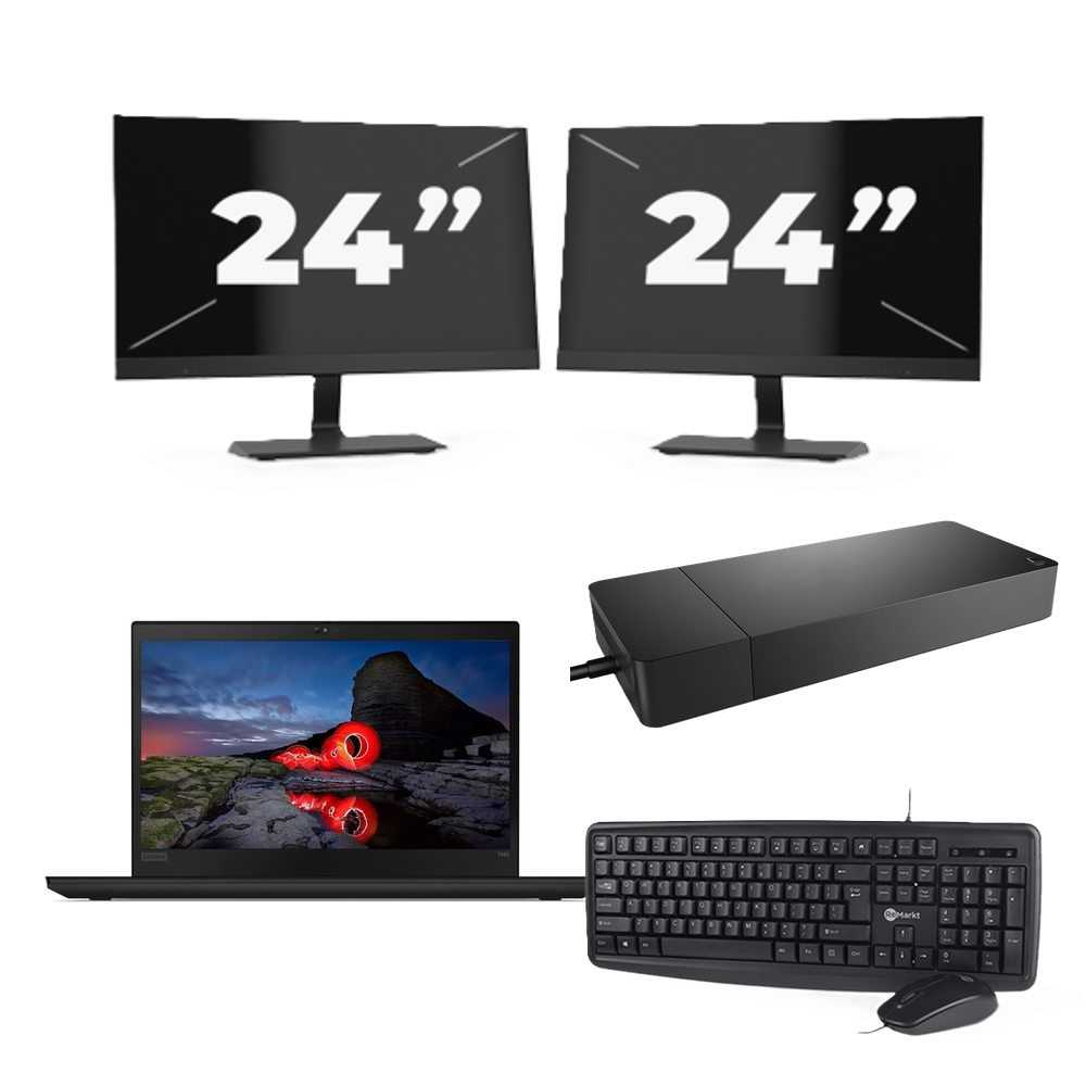 Lenovo ThinkPad T495 - AMD Ryzen 5 PRO 3500U - 14 inch - 16GB RAM - 256GB SSD - Windows 11 Home + 2x 24 inch Monitor