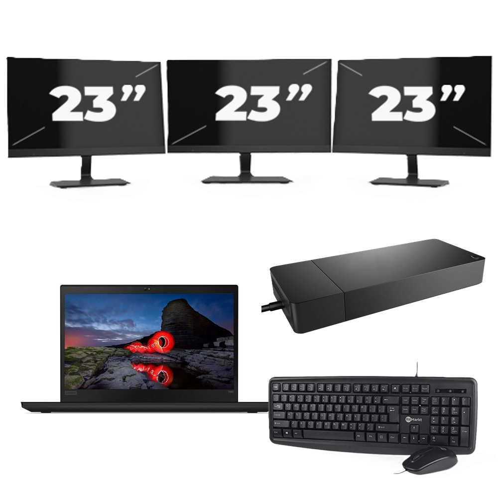 Lenovo ThinkPad T495 - AMD Ryzen 5 PRO 3500U - 14 inch - 16GB RAM - 256GB SSD - Windows 11 Home + 3x 23 inch Monitor