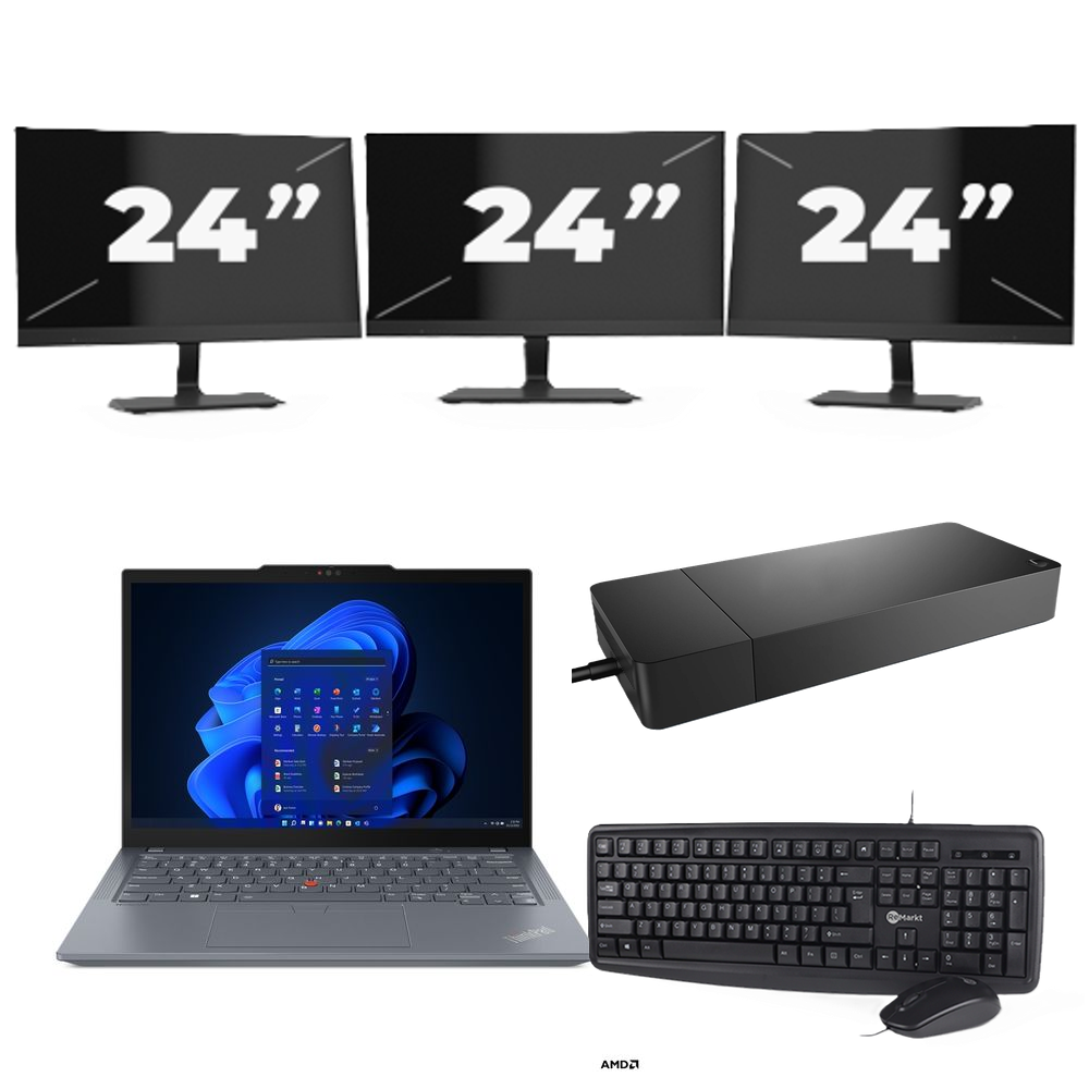 Lenovo ThinkPad X13 - AMD Ryzen 3 PRO 4450U - 13 inch - 8GB RAM - 256GB SSD - Windows 11 Home + 3x 24 inch Monitor