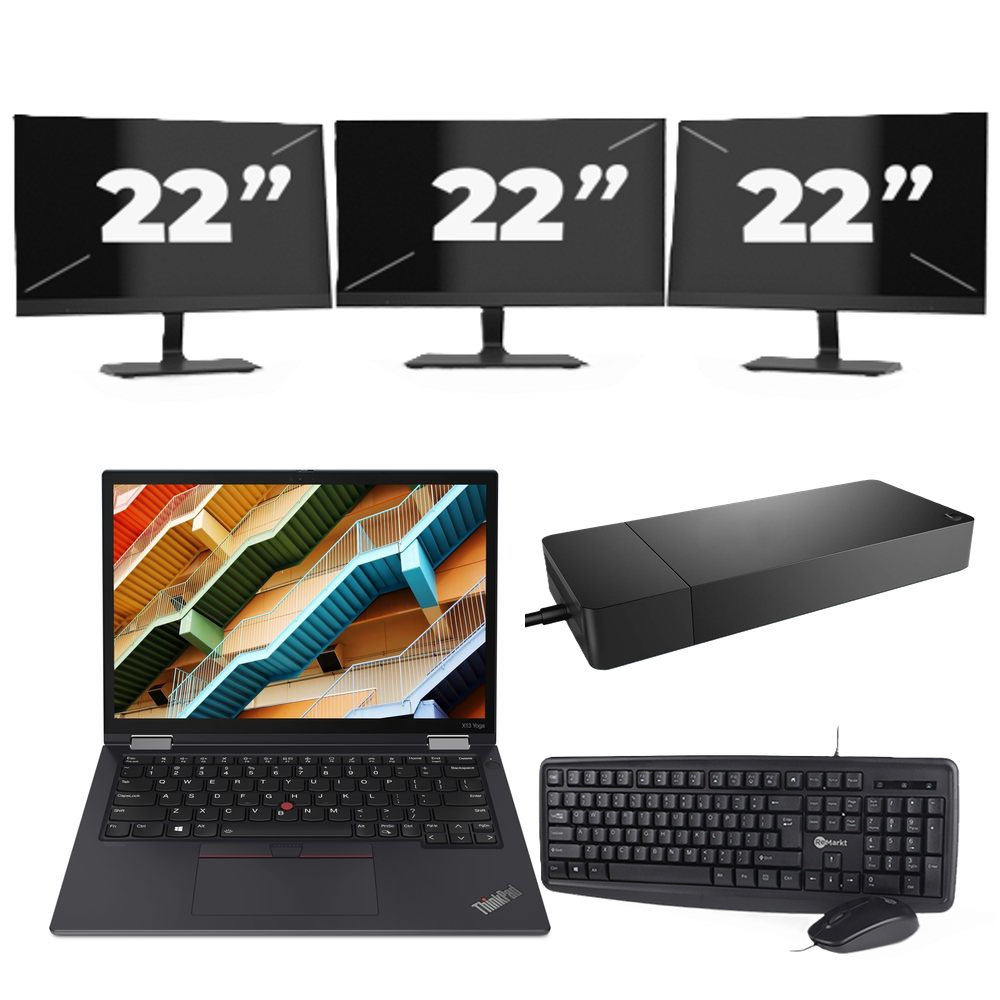 Lenovo ThinkPad X13 Yoga Gen 2 - Intel Core i5-11e Generatie - 13 inch - 16GB RAM - 256GB SSD - Windows 11 Home + 3x 22 inch Monitor