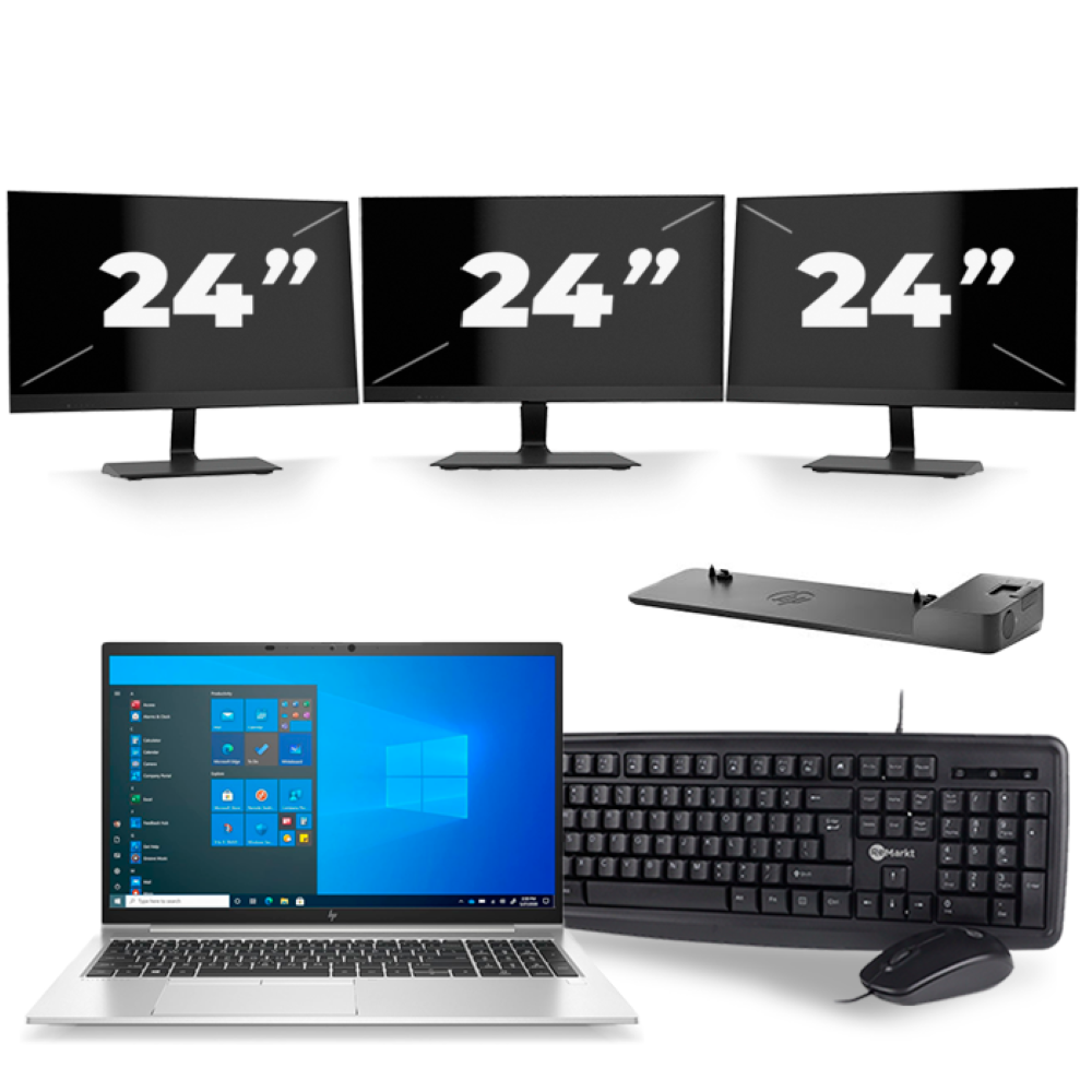 HP EliteBook 850 G8 - Intel Core i5-11e Generatie - 15 inch - 8GB RAM - 256GB SSD - Windows 11 + 3x 24 inch Monitor