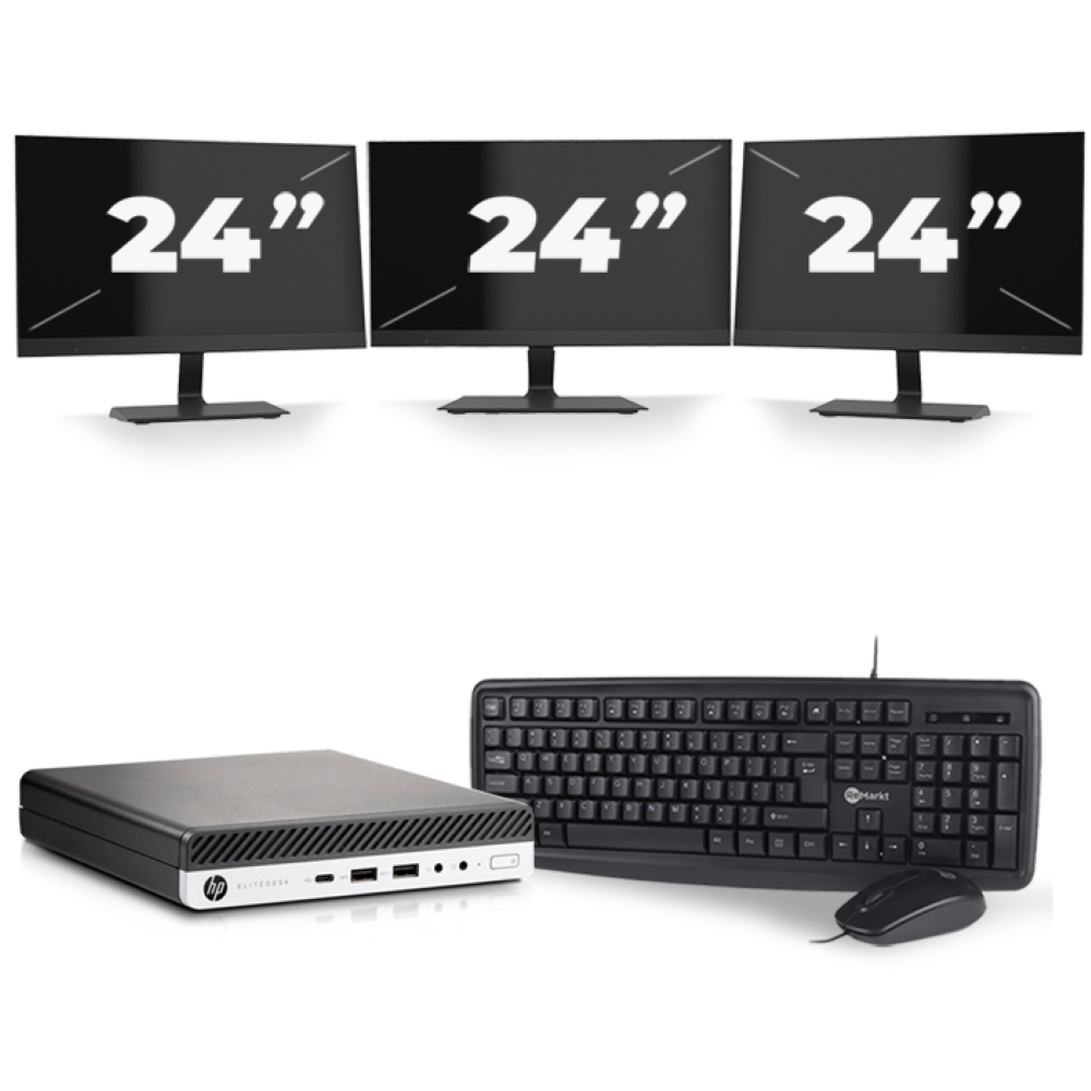 HP EliteDesk 800 G5 USFF - Intel Core i5-9e Generatie - 8GB RAM - 256GB SSD - Windows 11 + 3x 24 inch Monitor